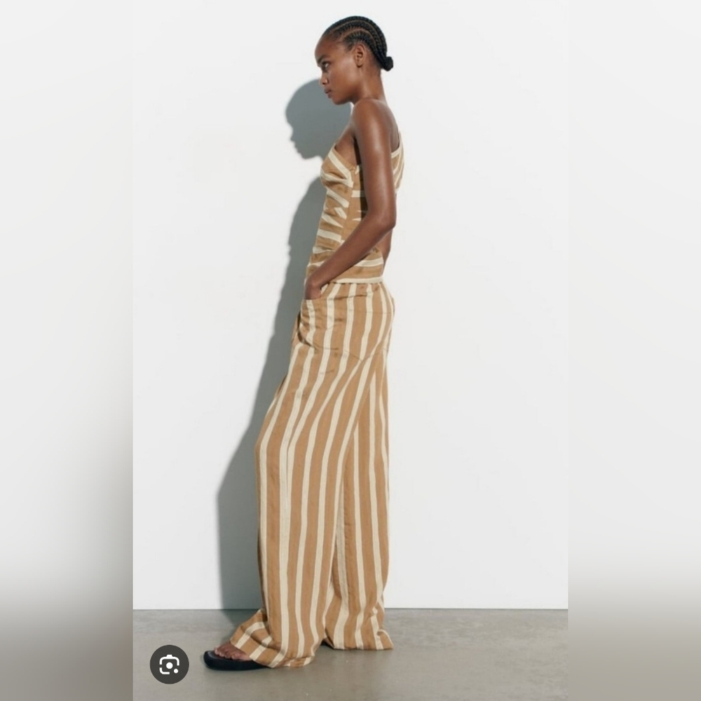 Zara Tan and Cream Striped Wide Leg Pants - Picture 2 of 14